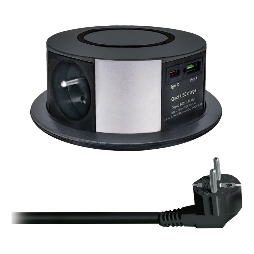 Розеточная колонна для столешницы с беспроводной Qi зарядкой 3x230V + 1xUSB-A + 1xUSB-C черный/серебристый