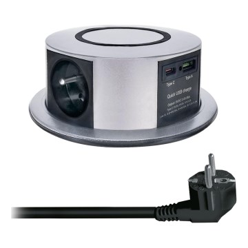 Розеточная колонна для столешницы с беспроводной Qi зарядкой 3x230V + 1xUSB-A + 1xUSB-C серебристый/черный