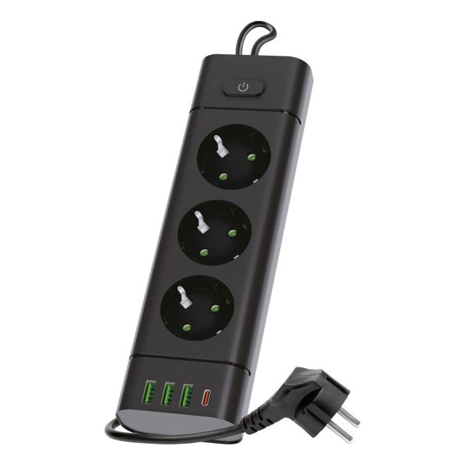 Розеточный блок с выключателем LINEA PRO 3x230V+3xUSB-A + 1xUSB-C SCHUKO 1,5 м черный