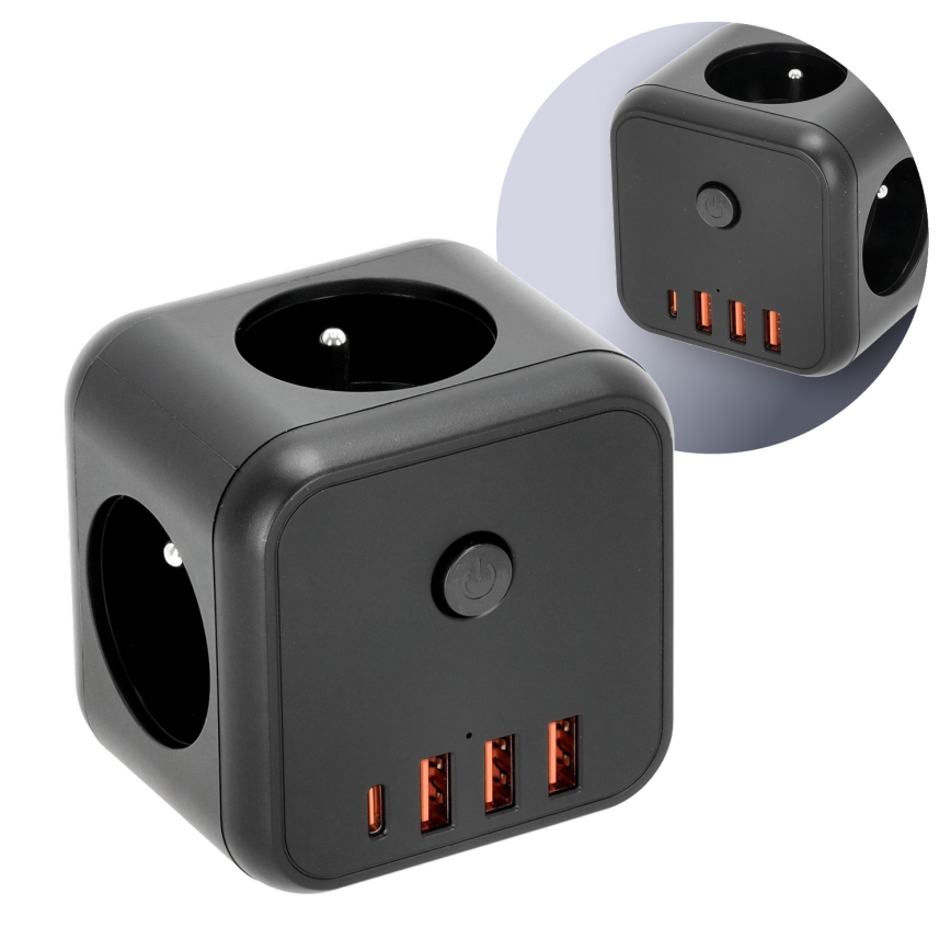 Розетка-разветвитель с выключателем LINEA 3x230V + 4xUSB A/C черный