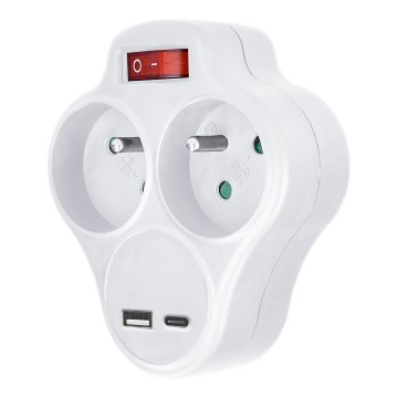 Розетка-розгалужувач з USB A+C зарядним пристроєм і перемикачем 2x10A білий
