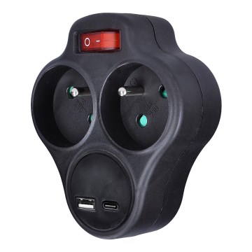 Розетка-розгалужувач з USB A+C зарядним пристроєм і перемикачем 2x10A чорний