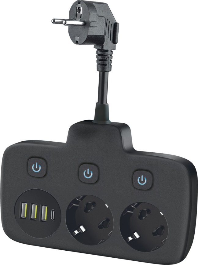 Розетка-розгалужувач з вимикачем LINEA 2x230V + 4xUSB A/C SCHUKO чорний