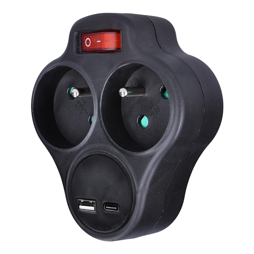 Розетка-розгалужувач з USB A+C зарядним пристроєм і перемикачем 2x10A чорний