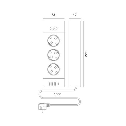 Розетка з вимикачем LINEA PRO 3x230V+ 3xUSB-A + 1xUSB-C SCHUKO 1,5 м біла