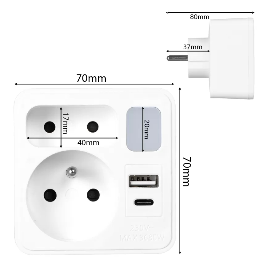 Подовжувач із 2 розетками + USB‑C + USB‑A з LED‑підсвіткою LED/0,5W/230V 3000K