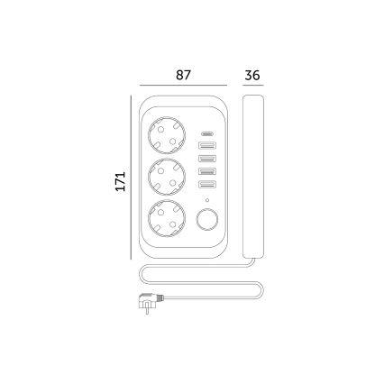 Розгалужувач з вимикачем LINEA 3x230В + 5xUSB A/C SCHUKO 5 м білий