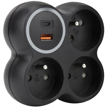 Розгалужувач розеток 3×15 А з портами USB-A та USB-C, чорний