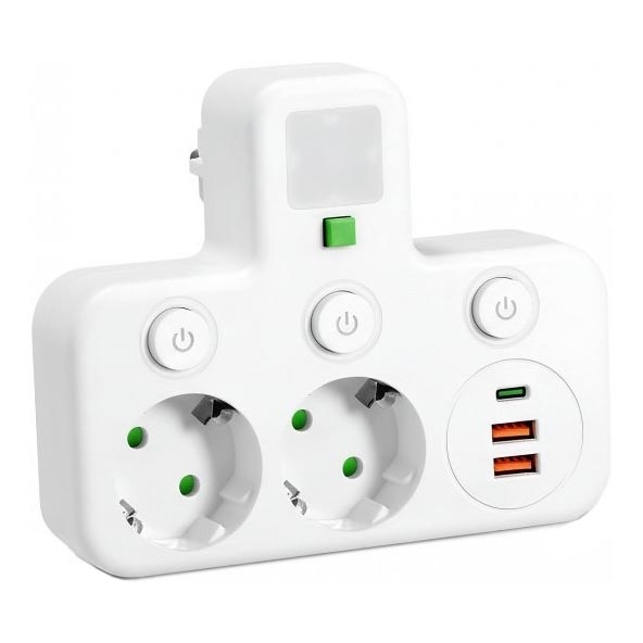 Розгалужувач розеток із вимикачем та LED-підсвіткою LINEA PRO, 2 розетки + 3× USB A/C, SCHUKO, 4000K, білий