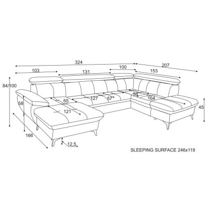 Розкладний кутовий диван у формі U з місцем для зберігання CATANIA, правий, графіт
