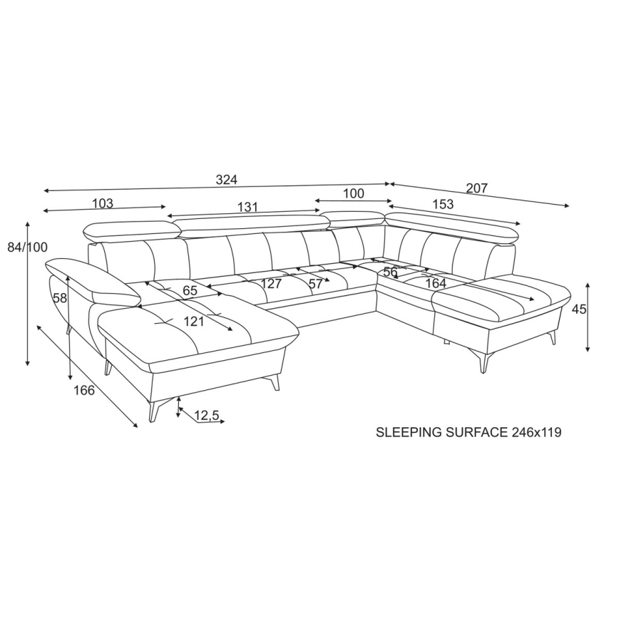 Розкладний кутовий диван у формі U з місцем для зберігання CATANIA, правий, графіт