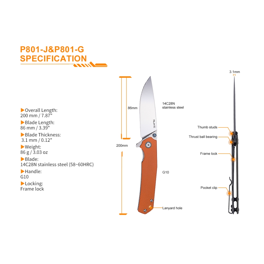 Ruike RUP801J - Складной карманный нож 20 см оранжевый