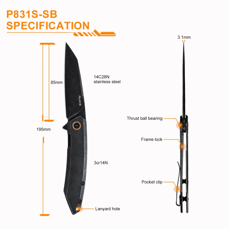 Ruike RUP831SSB - Складной компактный нож 19,5 см черный