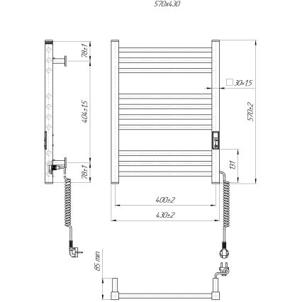 Рушникосушарка-радіатор для ванної HF DERBY, 100W/230V, 57x43 cm, біла, з правим підключенням