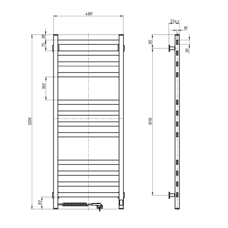 Рушникосушарка AVANGARD для ванної з термостатом 459W/230V, 120,6 см, IP44, чорна, ліва, з квадратним профілем