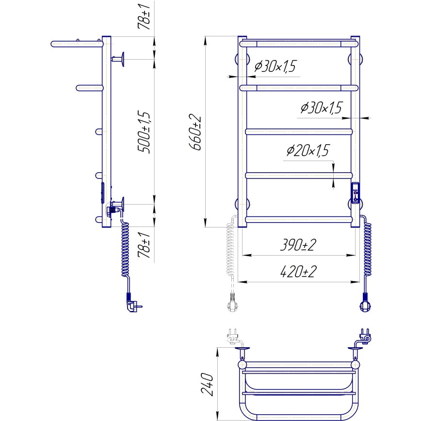 Рушникосушка-радіатор для ванної HOTEL 75W/230V 66x42 cm, нержавіюча сталь/хром, права