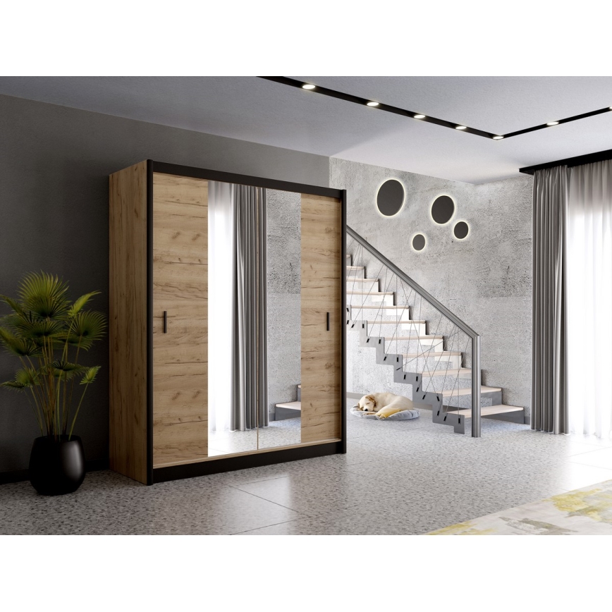 Шафа для одягу з дзеркалом MIRO 203x215 см дуб крафт/чорний