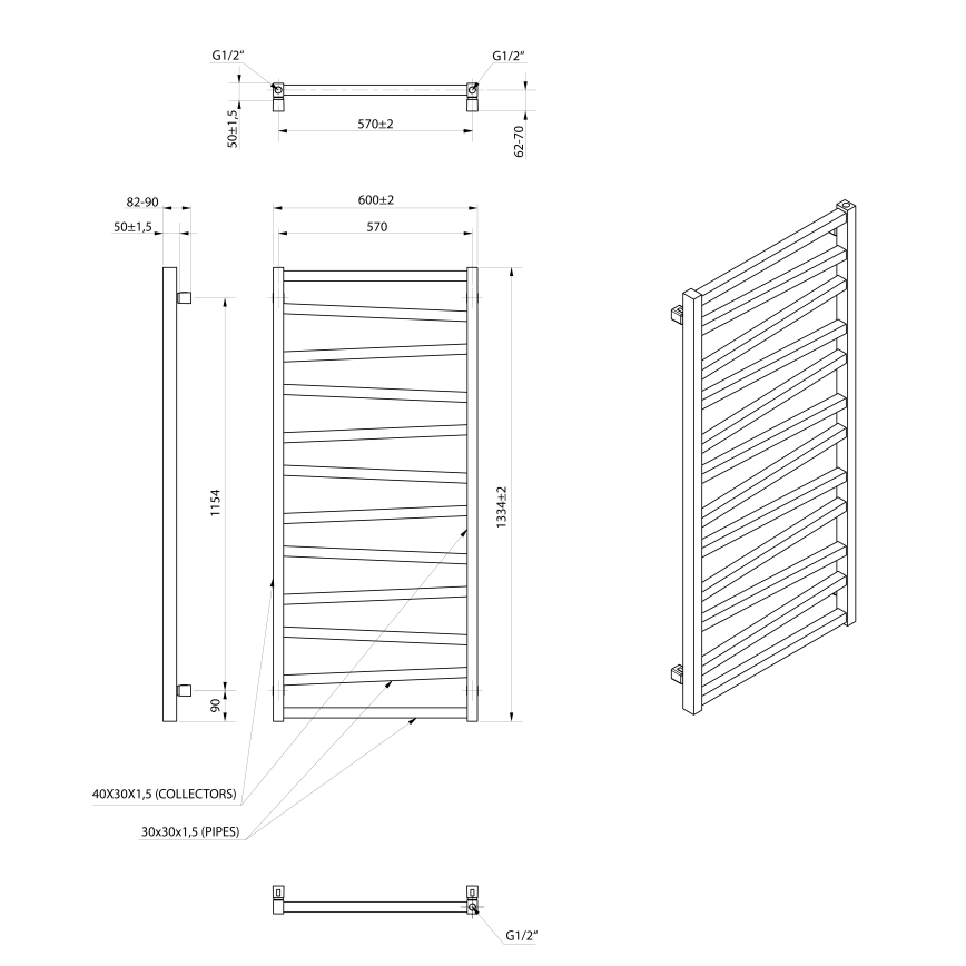 Sapho - Полотенцесушитель для ванной ZIG 601 Вт/230 В 60x133 см чёрный