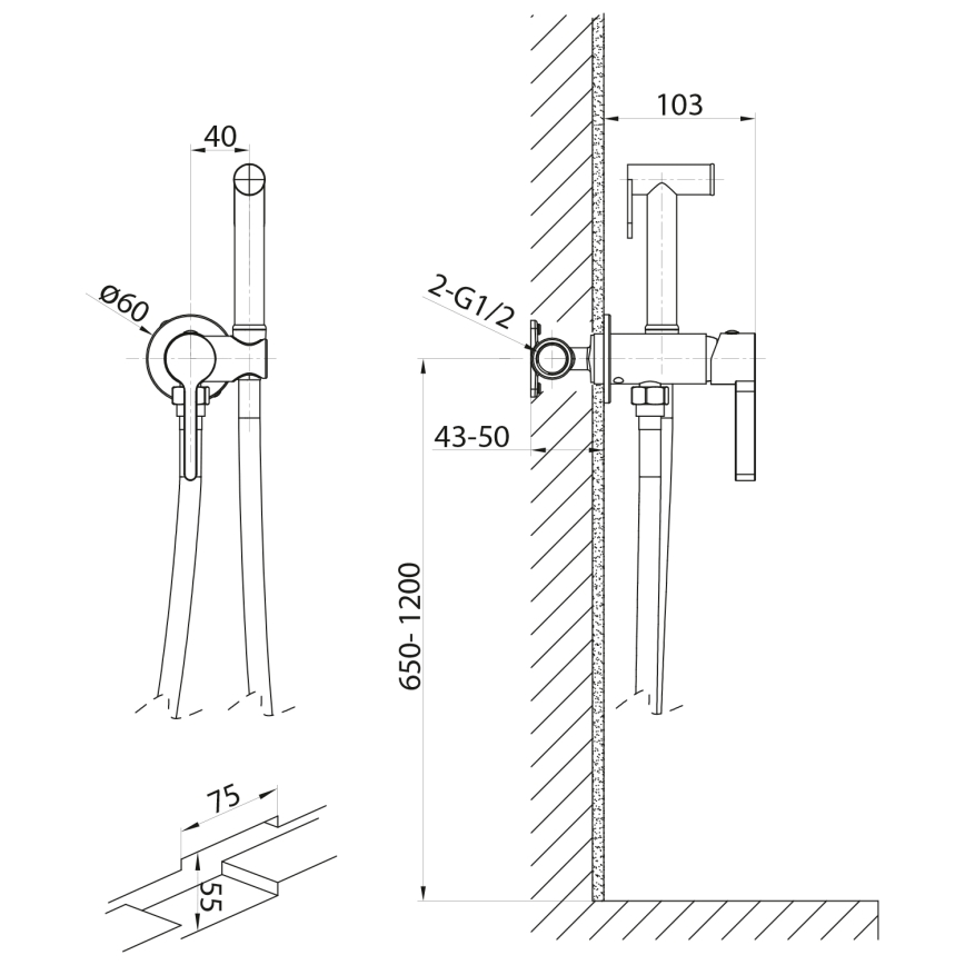 Sapho - Змішувач для біде з душем для прихованого монтажу ICONIC кругла/матовий чорний