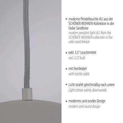 Schöner Wohnen 11728-39 - Подвесная люстра ALI на тросе 1xE27/25W/230V, диаметр 38 см, серый