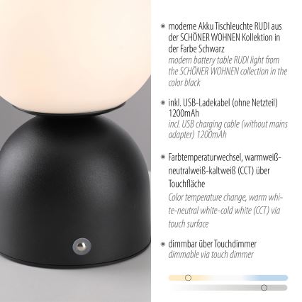 Schöner Wohnen 19218-18 - LED дотикова затемнювана акумуляторна настільна лампа RUDI LED/1,2W/5V 3000-6000K 1200 mAh чорна