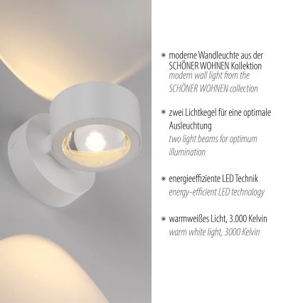 Schöner Wohnen 19331-16 - LED настінний світильник CHIA 2xLED/2W/230V білий