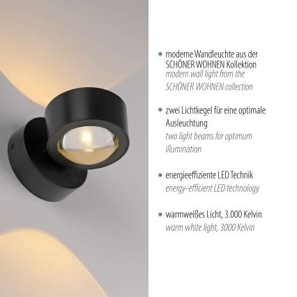 Schöner Wohnen 19331-18 - LED настенный светильник CHIA 2xLED/2W/230V черный