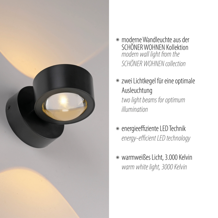 Schöner Wohnen 19331-18 - LED настінний світильник CHIA 2xLED/2W/230V чорний