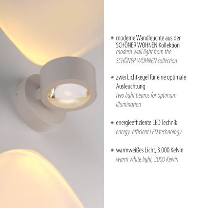 Schöner Wohnen 19331-39 - LED настенный светильник CHIA, 2xLED/2 Вт/230 В, серый