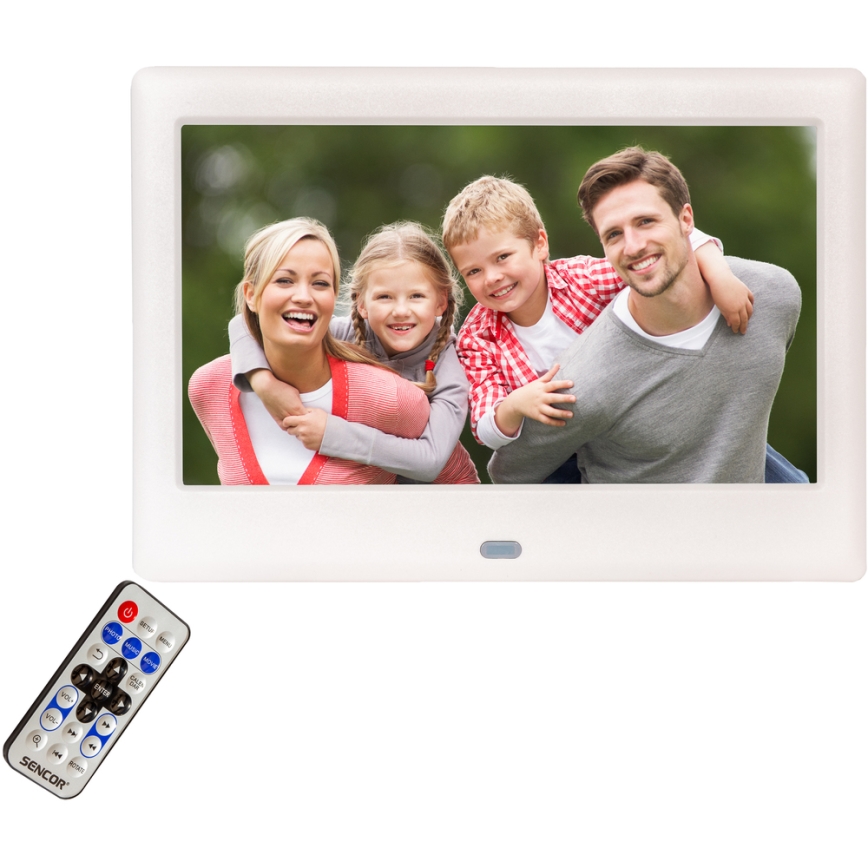 Sencor - Цифровая фоторамка с динамиком 230V белая + дистанционное управление