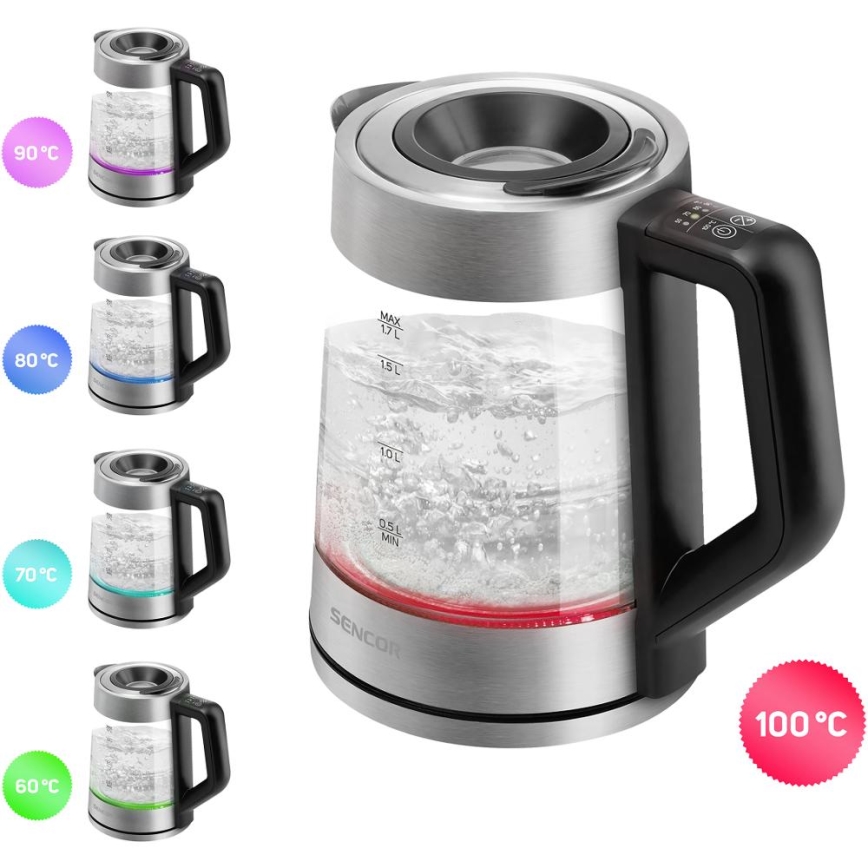 Sencor - Електричний чайник з терморегуляцією 1,7 л, 2200 Вт/230 В, матовий хром/чорний