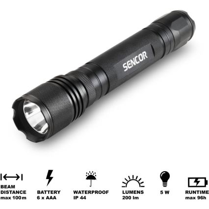 Sencor - LED Алюмінієвий ліхтарик LED/5W/6xAAA IP44 чорний