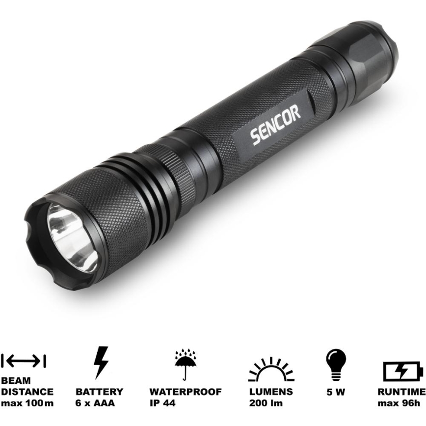 Sencor - LED Алюмінієвий ліхтарик LED/5W/6xAAA IP44 чорний