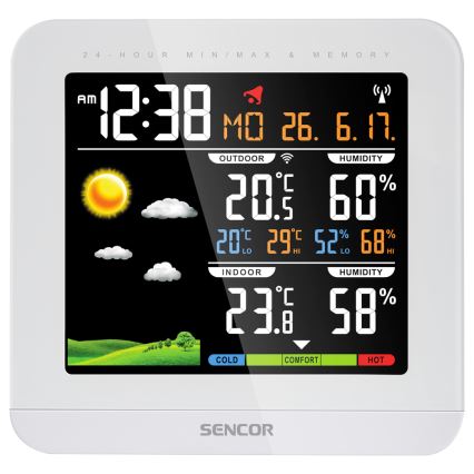 Sencor - Метеостанция с цветным ЖК-дисплеем и будильником 3xAAA + 2xAAA белая