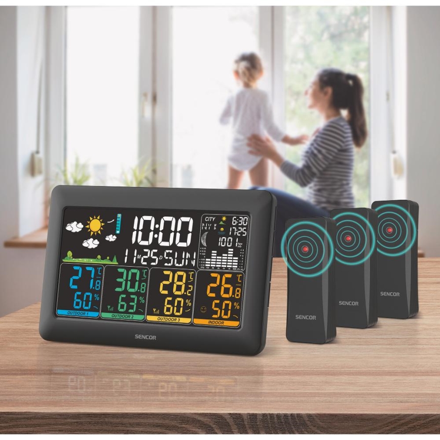 Sencor - Метеостанция с цветным ЖК-дисплеем + 3 датчика 3xAA + 6xAA черная