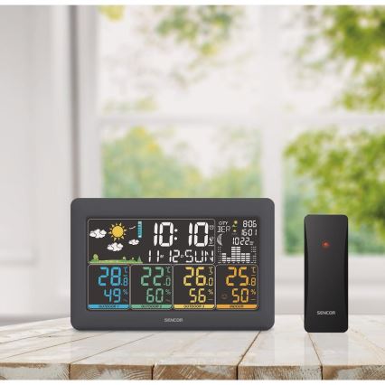 Sencor - Метеостанция с цветным ЖК-дисплеем + 3 датчика 3xAA + 6xAA черная