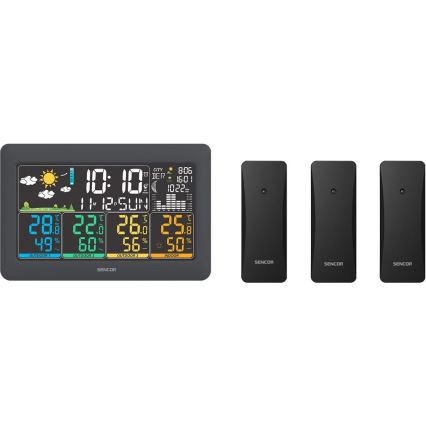 Sencor - Метеостанция с цветным ЖК-дисплеем + 3 датчика 3xAA + 6xAA черная