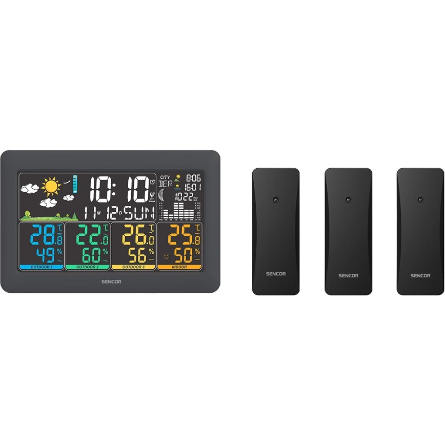 Sencor - Метеостанция с цветным ЖК-дисплеем + 3 датчика 3xAA + 6xAA черная