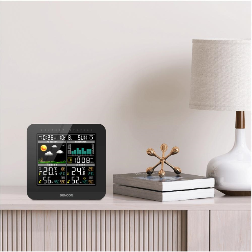 Sencor - Метеостанция с цветным ЖК-дисплеем и будильником 3xAAA + 2x AA черный
