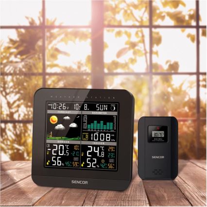 Sencor - Метеостанция с цветным ЖК-дисплеем и будильником 3xAAA + 2x AA черный