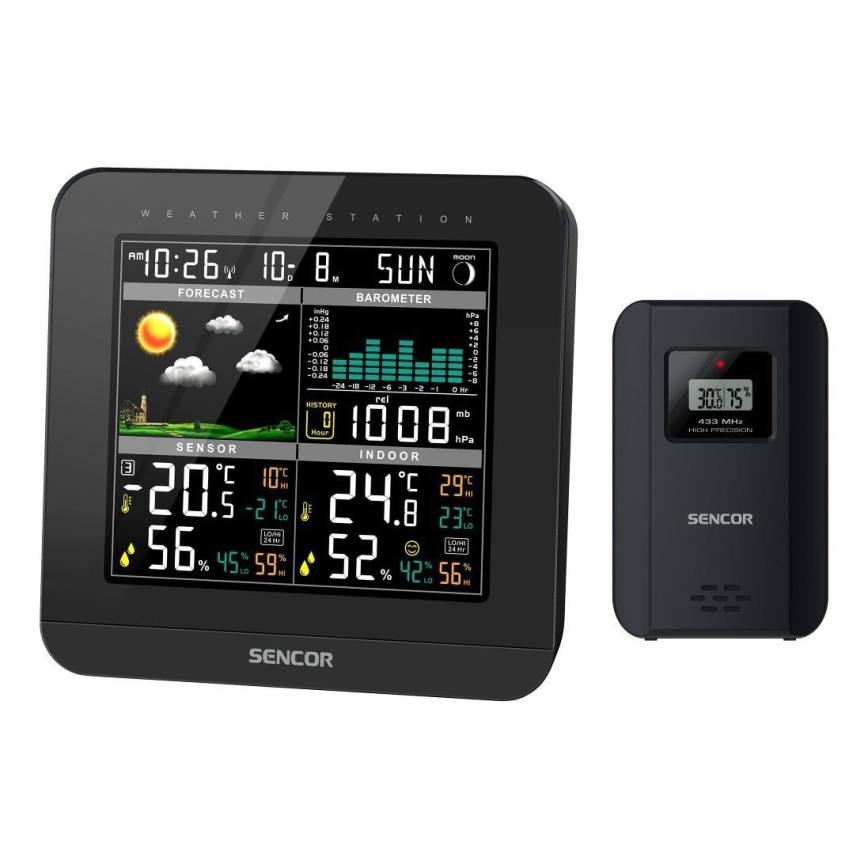 Sencor - Метеостанция с цветным ЖК-дисплеем и будильником 3xAAA черный
