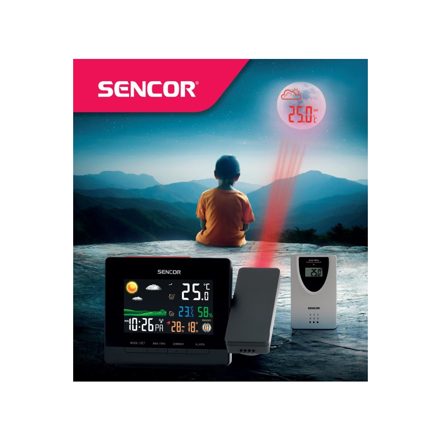 Sencor - Метеостанция c цветным ЖК-дисплеем, будильником и проектором 2xAA + 2xAAA