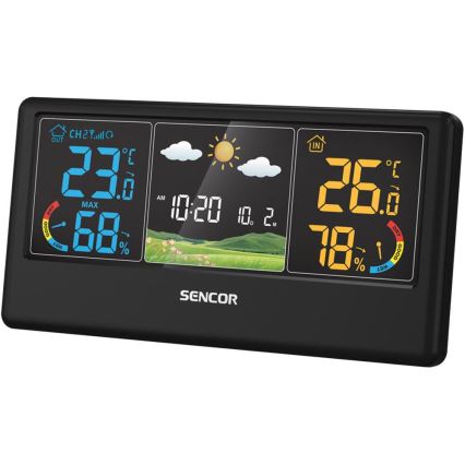 Sencor - Метеостанція з кольоровим LCD-дисплеєм, живлення 3xAAA + 2xAA, чорна