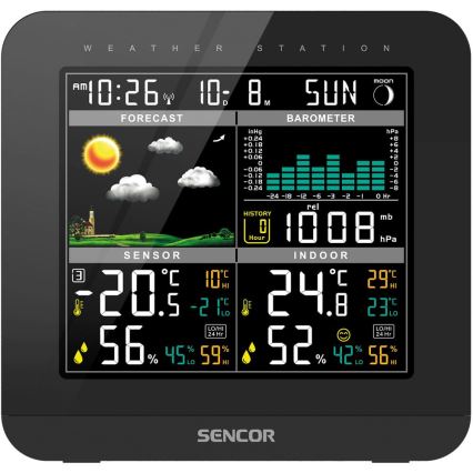 Sencor - Метеостанція з кольоровим РК-дисплеєм і будильником 3xAAA чорний