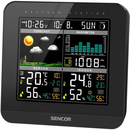 Sencor - Метеостанція з кольоровим РК-дисплеєм і будильником 3xAAA чорний