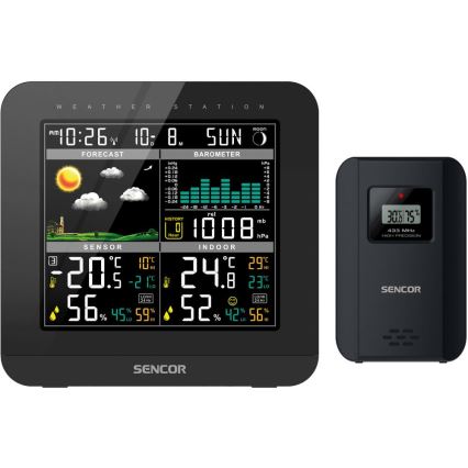 Sencor - Метеостанція з кольоровим РК-дисплеєм і будильником 3xAAA чорний