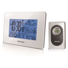 Sencor - Метеостанція з LCD дисплеєм та будильником 3xAA білий