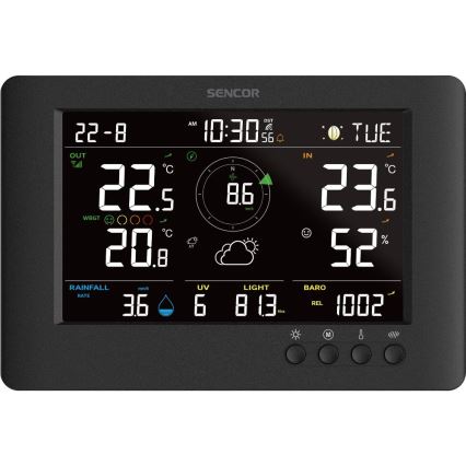 Sencor - Професійна метеостанція з кольоровим LCD-дисплеєм та будильником 5V/1xCR2032 + 3xAA