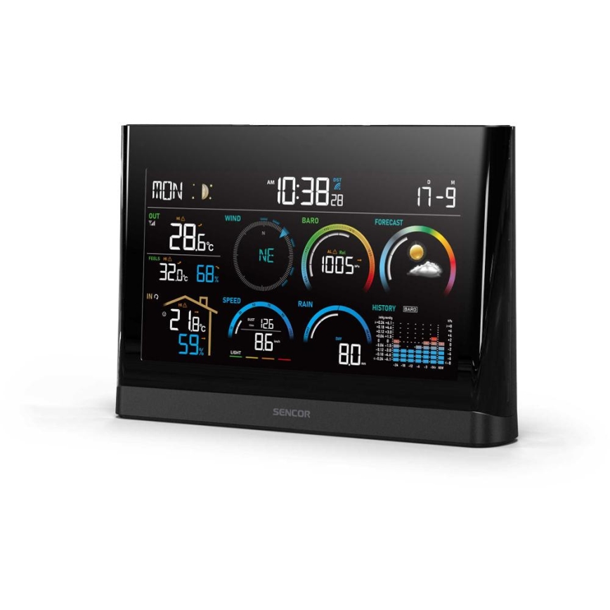Sencor - Професійна метеостанція з кольоровим LCD-дисплеєм та будильником 5V/3xAAA + 3xAA