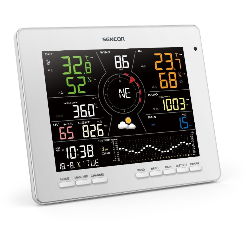 Sencor - Профессиональная метеостанция с цветным LCD-дисплеем 5V 1xCR2032 + 3xAA + 2xAA Wi-Fi Tuya